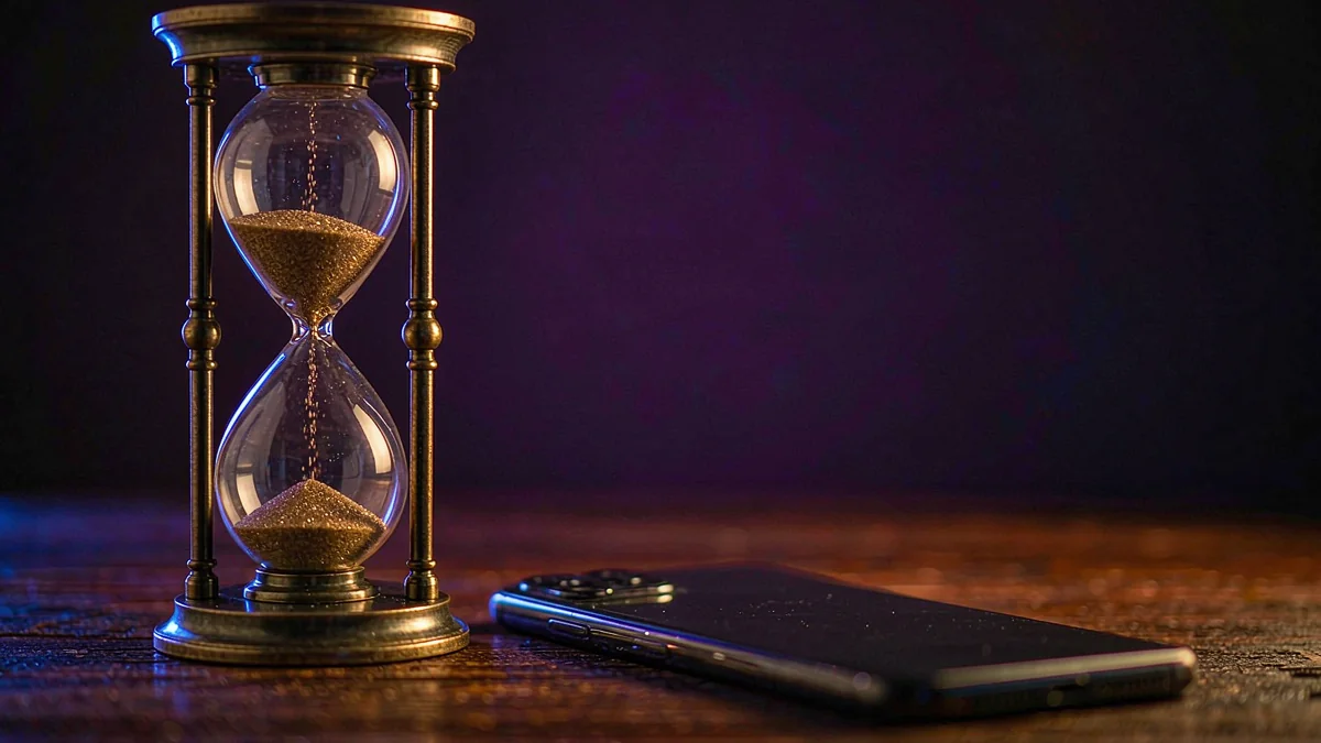 Hourglass beside a smartphone on a wooden table